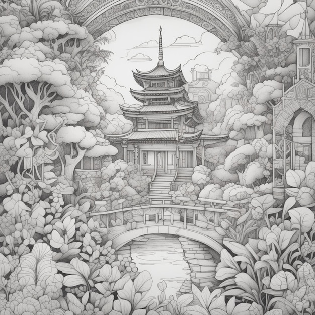 hand drawn black and white landscape with forest and mountain and river and pagoda and flowers 722