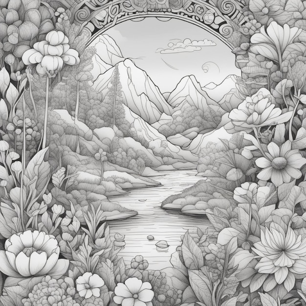 hand drawn black and white landscape with forest and mountain and river and pagoda and flowers