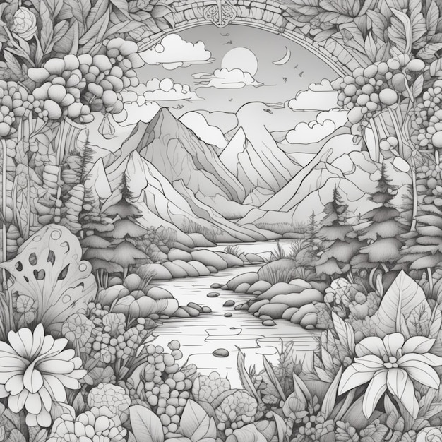 hand drawn black and white landscape with forest and mountain and river and pagoda and flowers