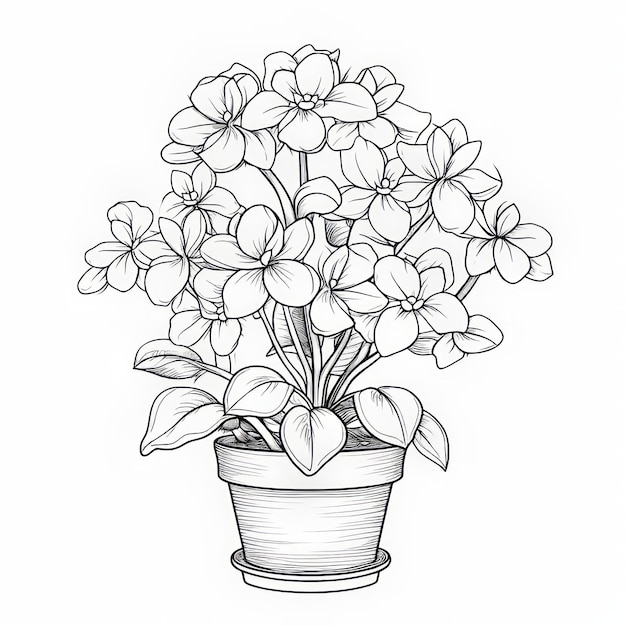 手描きの黒と白の鉢植えの花のイラスト