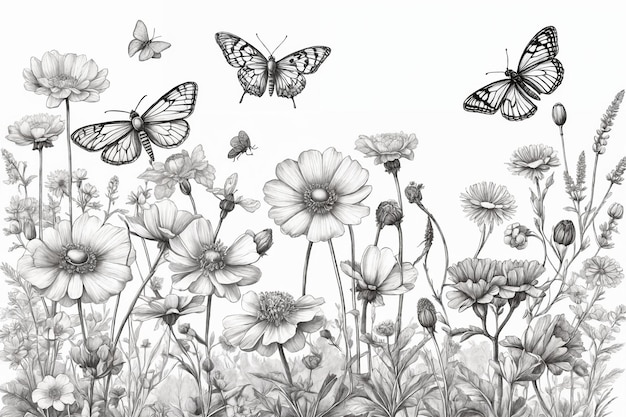 Hand drawn blooming flowers and butterflies on blank background