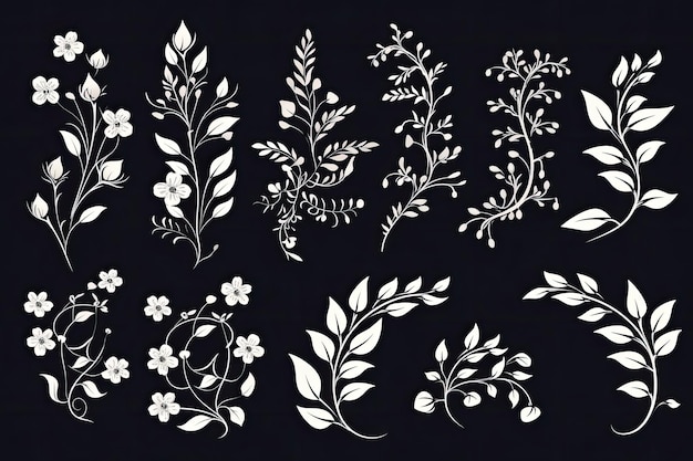 Photo hand drawn branches and flowers illustration, whimsical magic stenciled iconography ai generated