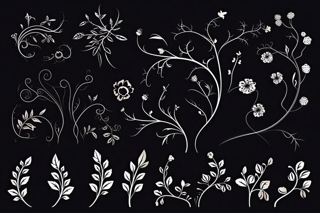 Photo hand drawn branches and flowers illustration, whimsical magic stenciled iconography ai generated