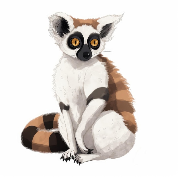 Hand Drawn Brown Lemur With Fur And White Background