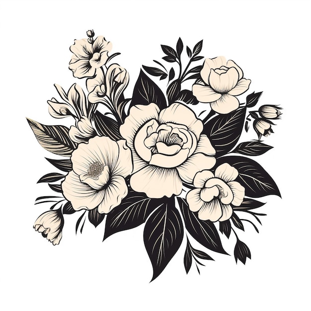 Фото Нарисованный вручную букет с цветами роз и маленькой гипсофилой на белом фоне. карандашный рисунок монохромная элегантная цветочная композиция в винтажном стиле. дизайн татуировки футболки.