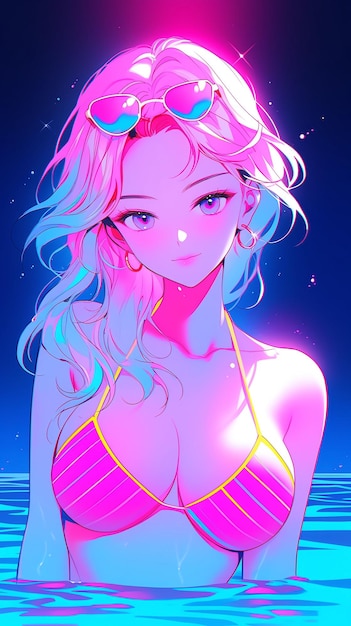 손으로 그린 만화 애니메이션 여름에 멋진 수영복 소녀 일러스트