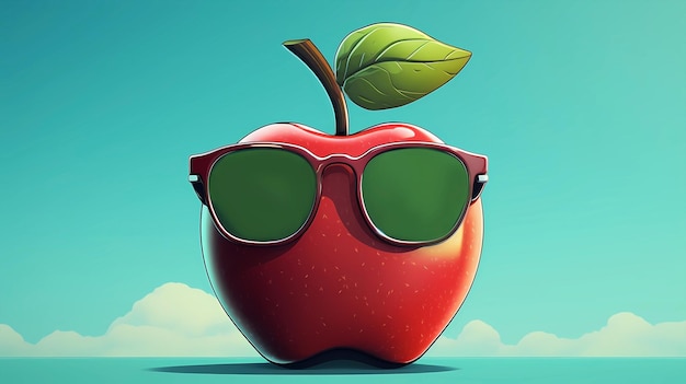 Hand drawn cartoon apple illustration wearing sunglasses