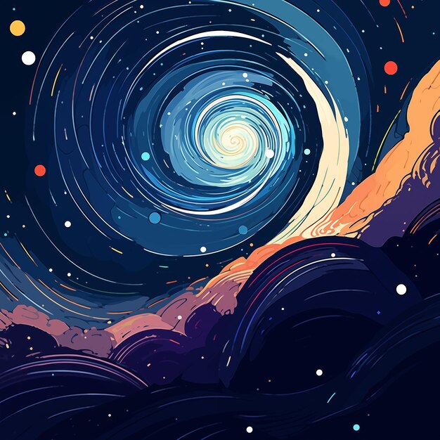 Hand drawn cartoon beautiful abstract artistic spiral night sky illustration