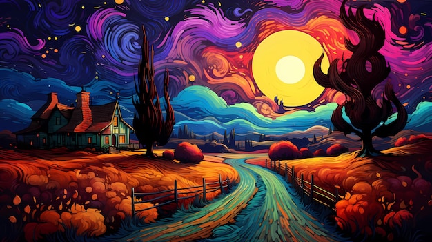 Ручной обращается мультфильм красивая осенняя ночная иллюстрация фермы под звездным небом