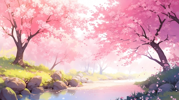 ручная карикатура красивая цветущая вишня пейзажная иллюстрация