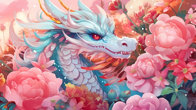 Foto un bellissimo cartone animato disegnato a mano per il capodanno cinese con l'illustrazione del drago dello zodiaco