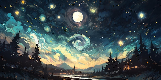Hand drawn cartoon beautiful dreamy night starry sky illustration