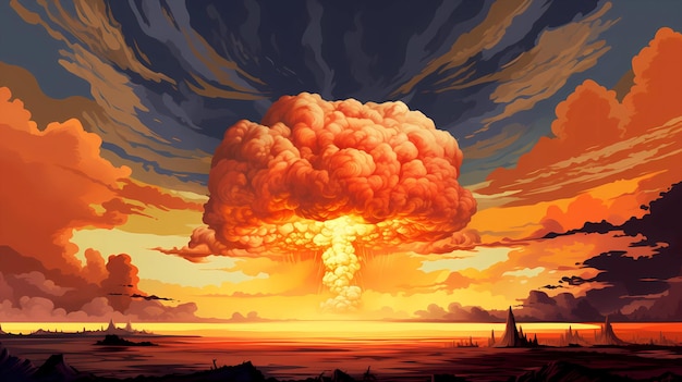 Hand drawn cartoon beautiful explosion mushroom cloud illustration