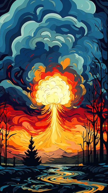 Hand drawn cartoon beautiful explosion mushroom cloud illustration