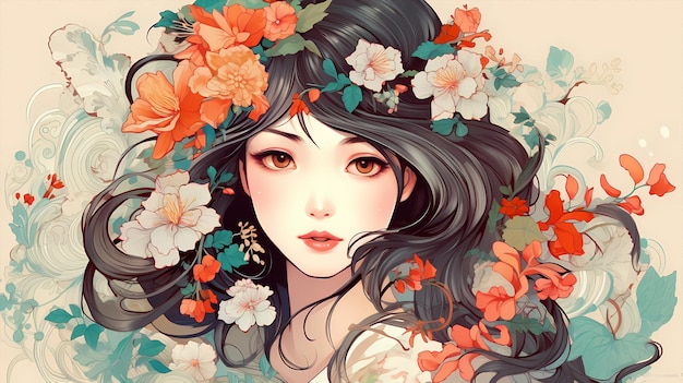 Hand drawn cartoon beautiful illustration of Chinese girl in flowers