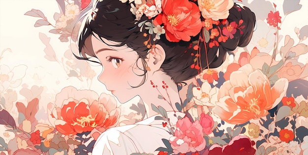 Hand drawn cartoon beautiful illustration of Chinese girl in flowers