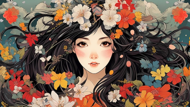 Hand drawn cartoon beautiful illustration of Chinese girl in flowers