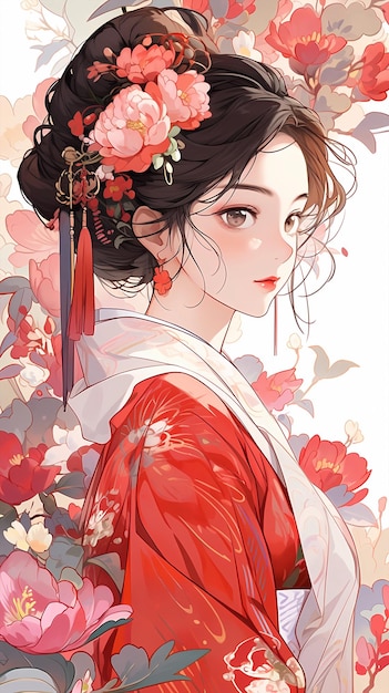 Hand drawn cartoon beautiful illustration of Chinese girl in flowers