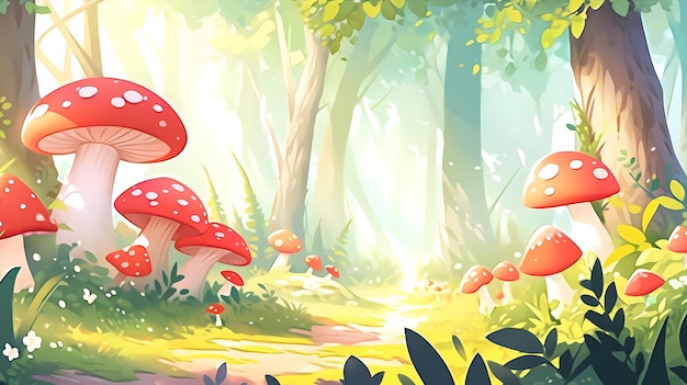 Hand drawn cartoon beautiful illustration of fairy mushroom forest