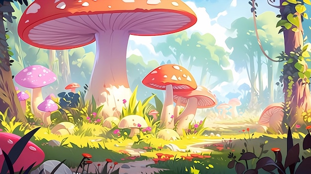 Hand drawn cartoon beautiful illustration of fairy mushroom forest