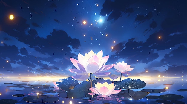 별이 빛나는 하늘 아래 연못에 연꽃의 손으로 그린 만화 아름다운 그림