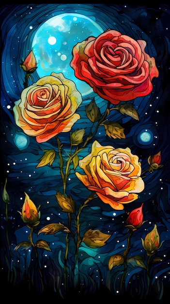 hand drawn cartoon beautiful illustration of roses in the flowers under the starry sky