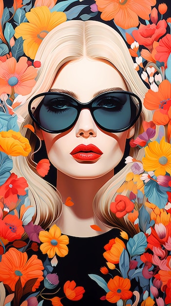 рисованный мультфильм красивая иллюстрация женщины в солнечных очках среди цветов