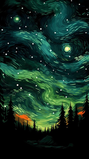 손으로 그린 만화 아름다운 야간 오로라 일러스트레이션
