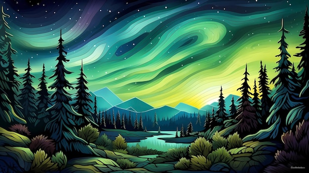 Hand drawn cartoon beautiful night aurora illustration