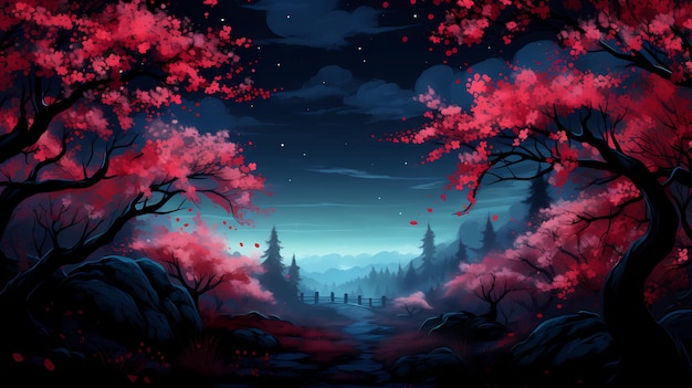 Hand drawn cartoon beautiful night cherry blossom forest scenery illustration