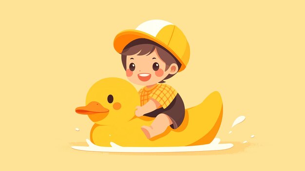Photo hand drawn cartoon childrens day illustration of a child riding a little yellow duck