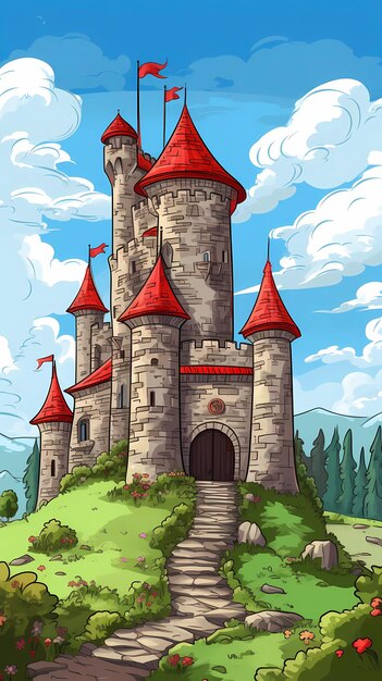 Hand drawn cartoon fairy tale castle illustration