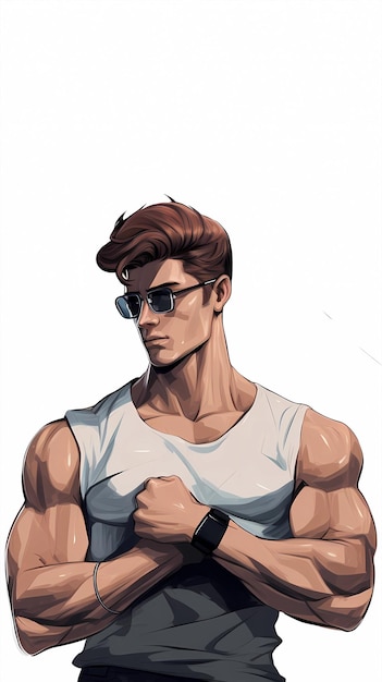 hand drawn cartoon handsome fitness muscle man illustration