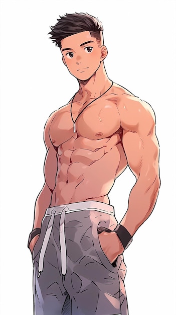 hand drawn cartoon handsome fitness muscular boy illustration