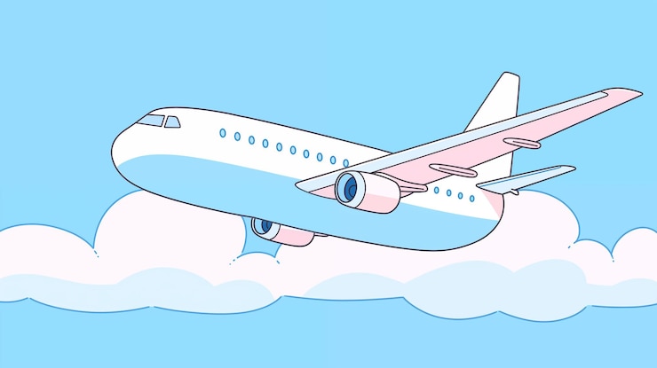 Photo 青い空を飛ぶ飛行機の手描きの漫画イラスト