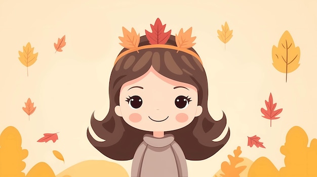 Hand drawn cartoon illustration of beautiful girl in autumn