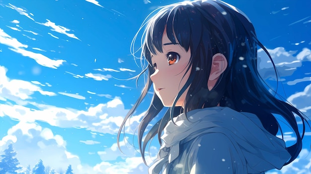 ручная мультфильмная иллюстрация красивой девушки под голубым небом осенью и зимой