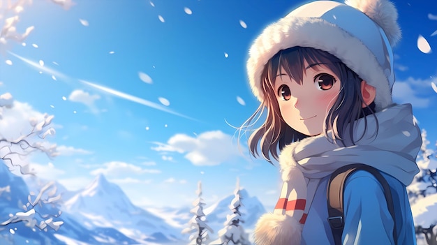 Hand drawn cartoon illustration of beautiful girl under blue sky in autumn and winter