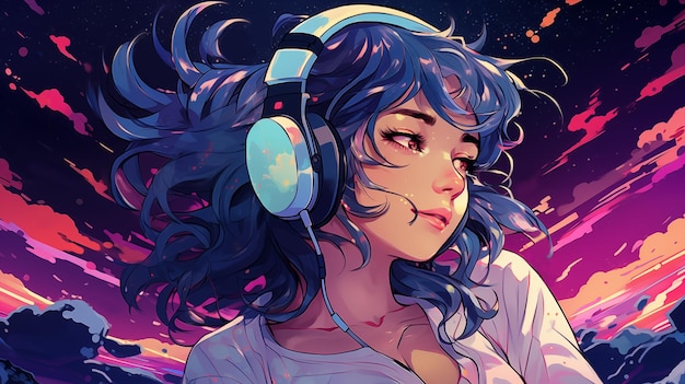 Hand drawn cartoon illustration of a beautiful girl wearing headphones listening to music under the