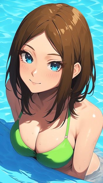 Hand drawn cartoon illustration of beautiful girl wearing swimsuit in summer swimming pool
