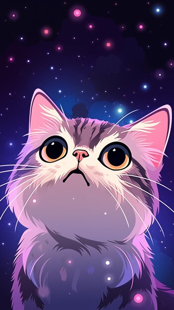 Photo hand drawn cartoon illustration of cat looking at the starry sky