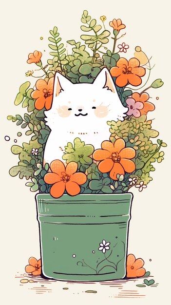 植木鉢にかわいい猫の手描き漫画イラスト