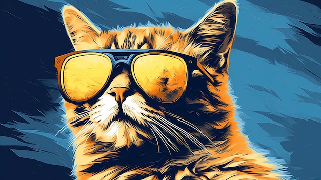 Hand drawn cartoon illustration of cute cat wearing sunglasses