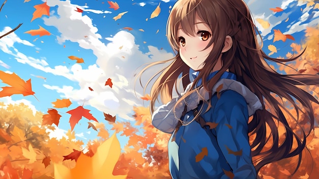 hand drawn cartoon illustration of cute girl in autumn