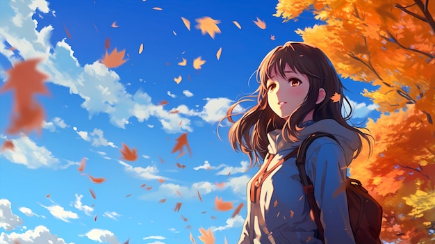 hand drawn cartoon illustration of cute girl in autumn