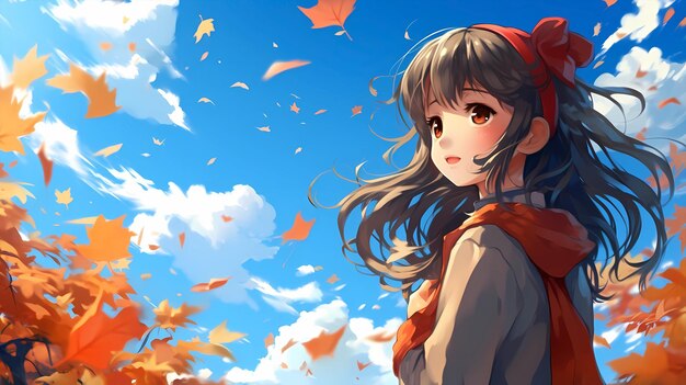 가을에 귀여운 소녀의 손으로 그린 만화 그림
