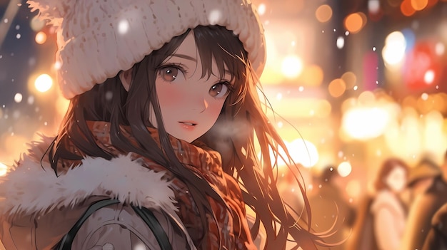 Hand drawn cartoon illustration of cute girl in winter