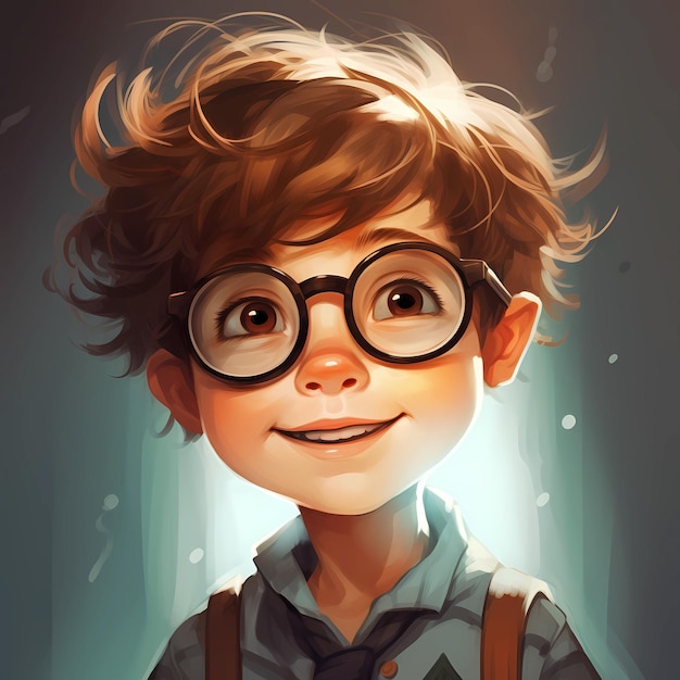眼鏡をかぶった可愛い小さな男の子の手描きの漫画イラスト