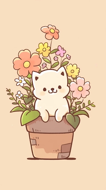 植木鉢にかわいい子犬の手描き漫画イラスト