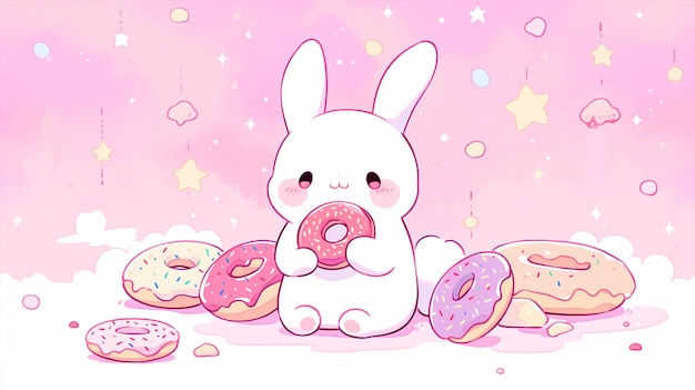 hand drawn cartoon illustration of cute rabbit eating dessert cake